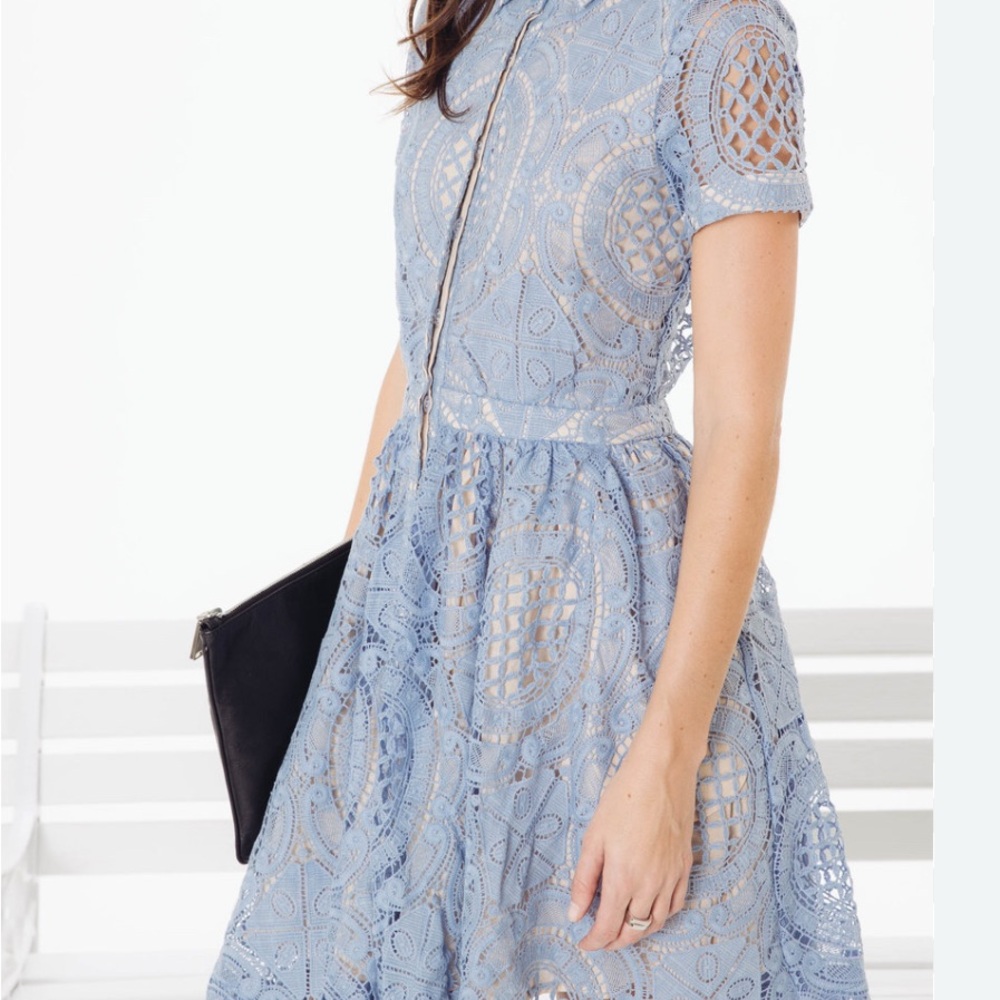 Blue Lace Short Sleeve Dress